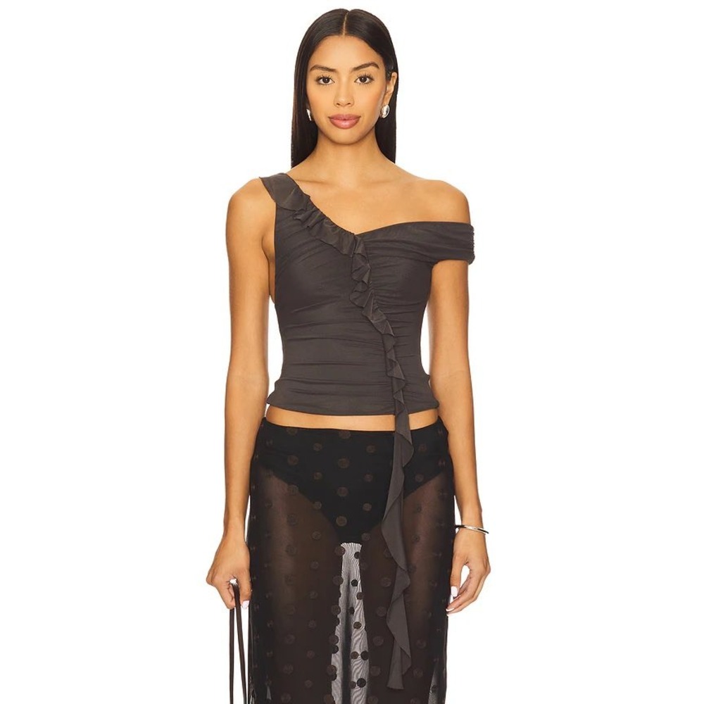 Bec + Bridge Blaine Asymmetric Top in Cedar Brown Mesh Ruffle US 8